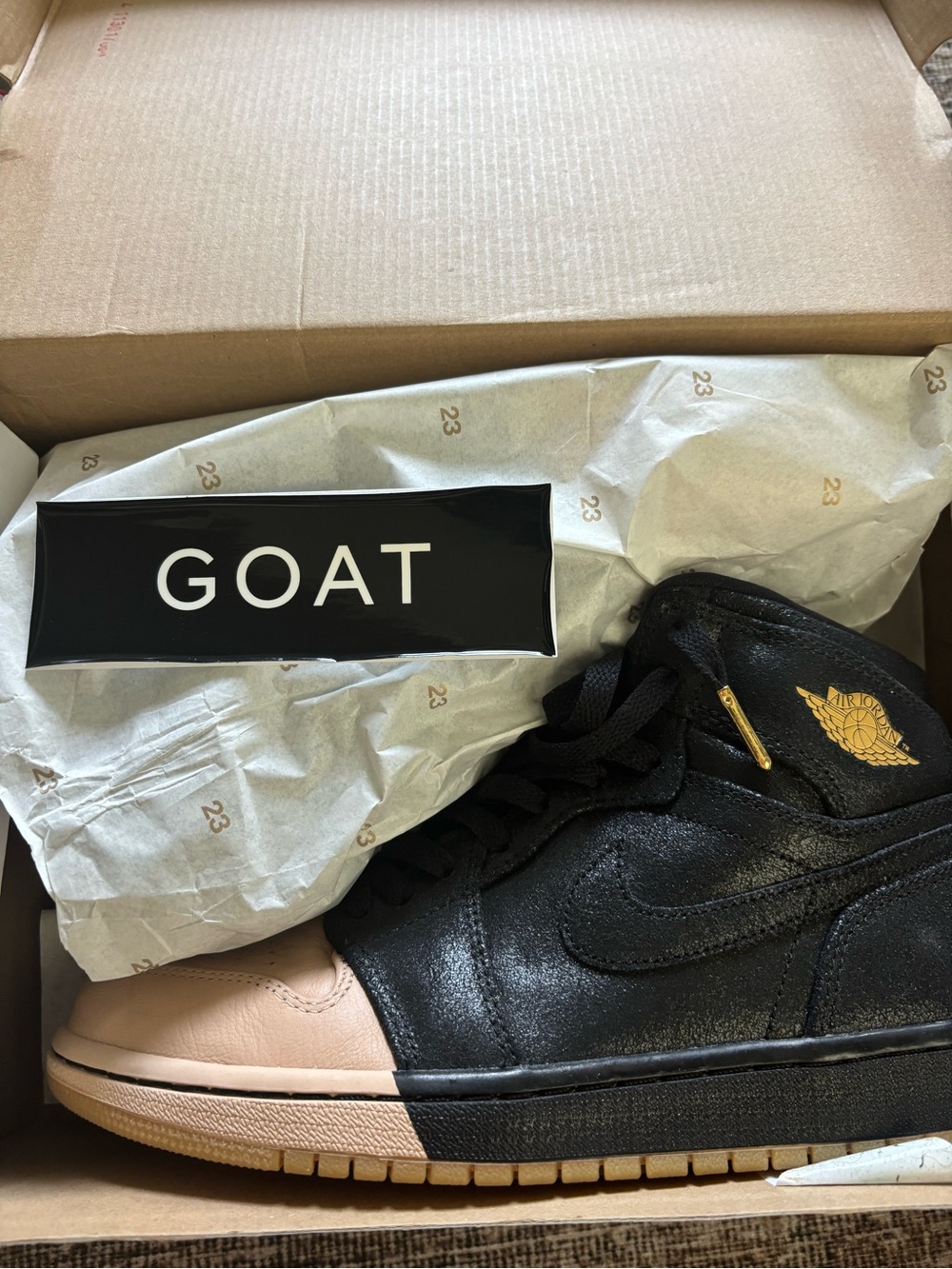 Jordan 1 Mid Men’s Sneakers — Black & Beige with Gold Accents